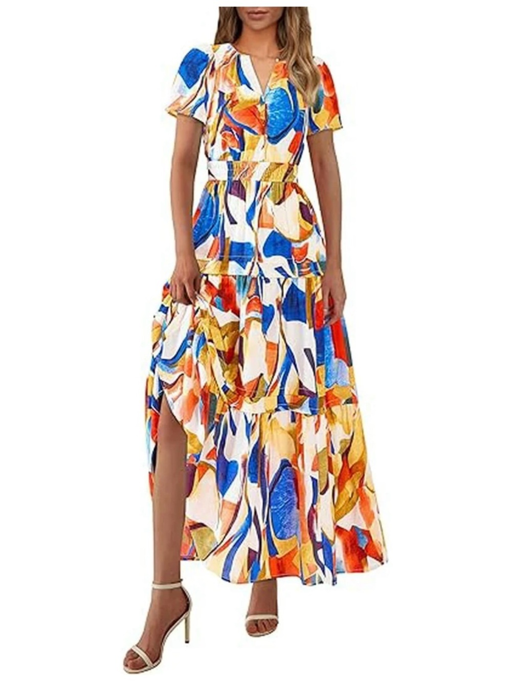 Vibrant Abstract Print Maxi Dress in Blue, Orange & White - Picture 2 of 6